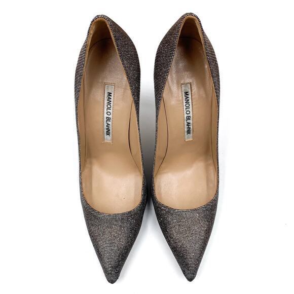 Manolo Blahnik BB Pumps Glitter Stiletto Heels Pointed Toe Dark Gold Sz 37 / 7 - Picture 2 of 8